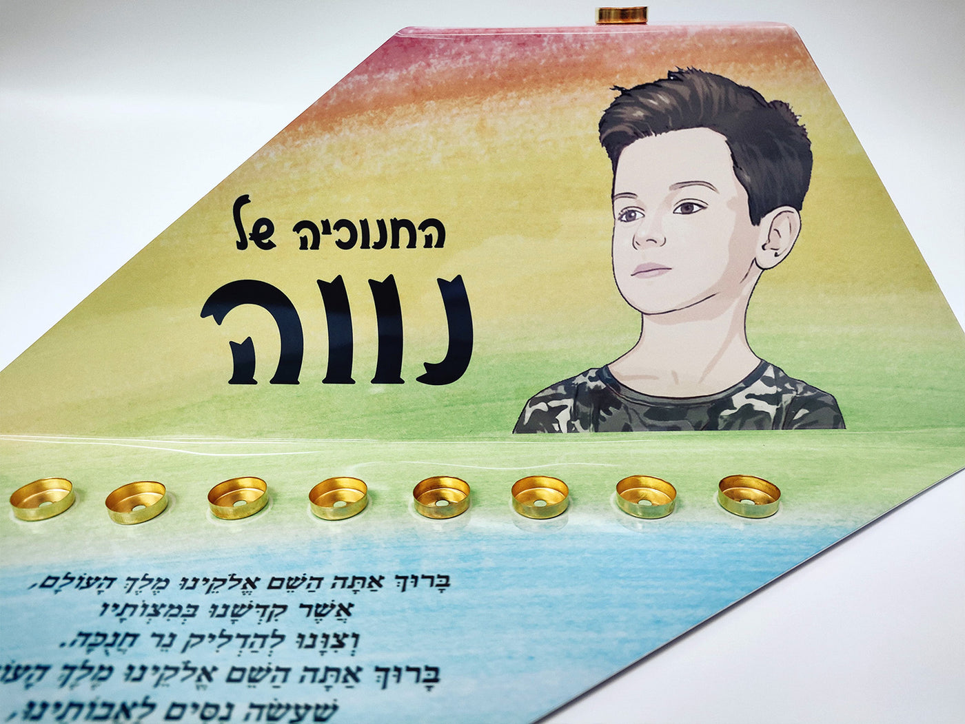 סט חנוכייה + סביבון + קופת חיסכון עם איור אישי - דגם קשת צבעי פנדה