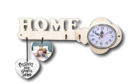 מפתח ברכה מעץ  + מתלים ושעון עם 2 תמונות בעיצוב אישי דגם HOME