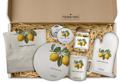 מארז למטבח לימונים: כפפה+סינר+תחתית לסיר+שוקולדים+מגנטים+ספל קפה (מארז ענק במיוחד)