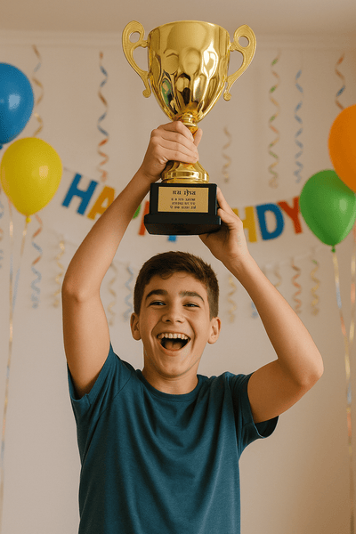 גביע מצוינות עשוי מתכת יוקרתי צבע זהב כולל הקדשה אישית מוטבעת על לוחית - Baby Coupon