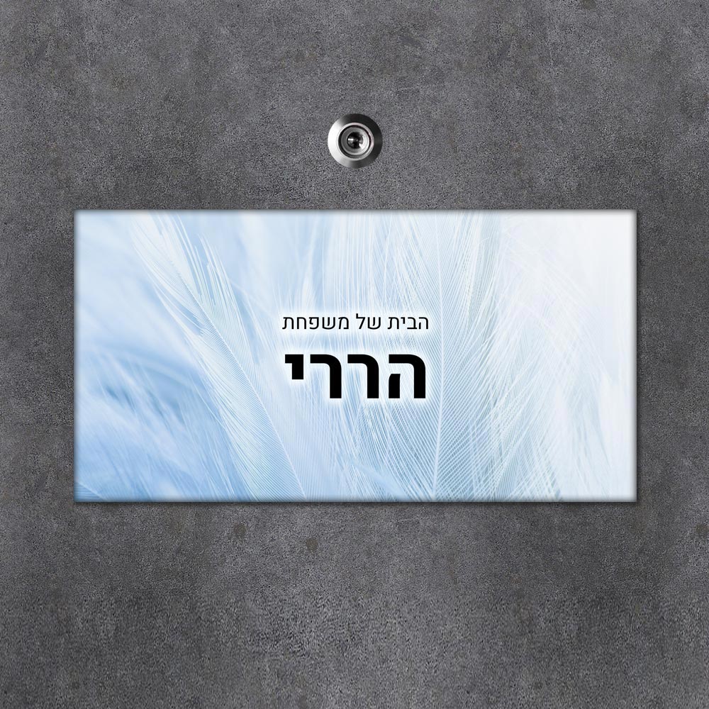 שלט מגנטי מלבני מעוצב לדלת הבית בכיתוב אישי - דגם טקסטורת נוצה תכלת - Baby Coupon