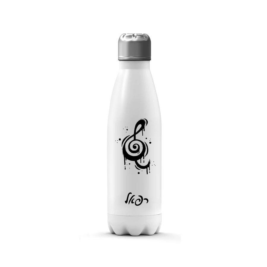 בקבוק תרמי איכותי שומר קור / חום עם שם אישי- דגם גרפיטי שחור לבן מפתח סול