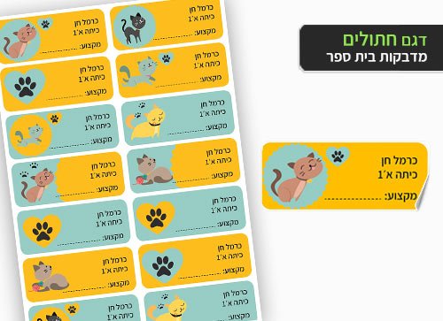סט 14 מדבקות בית ספר למחברות + הדפסת שם הילד/ה - חתולים - Baby Coupon