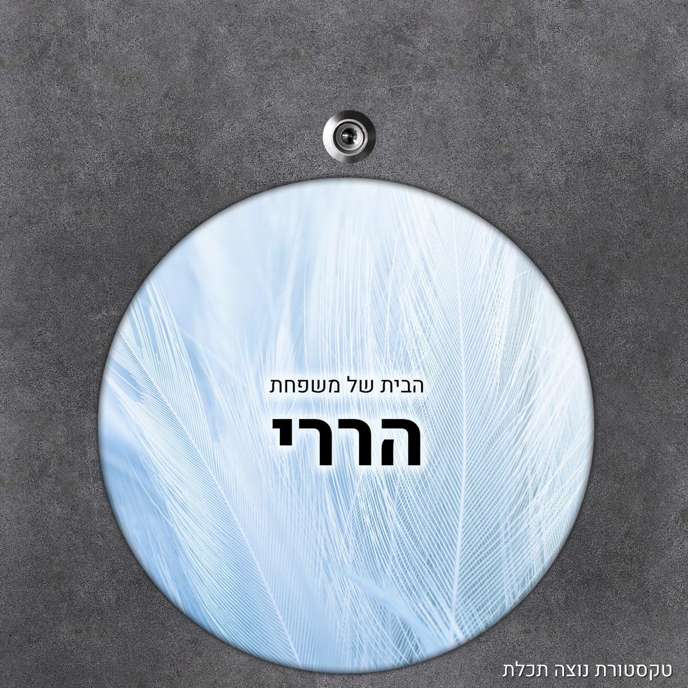 שלט עץ עגול מעוצב לדלת הבית בכיתוב אישי - דגם טקסטורת נוצה תכלת - Baby Coupon