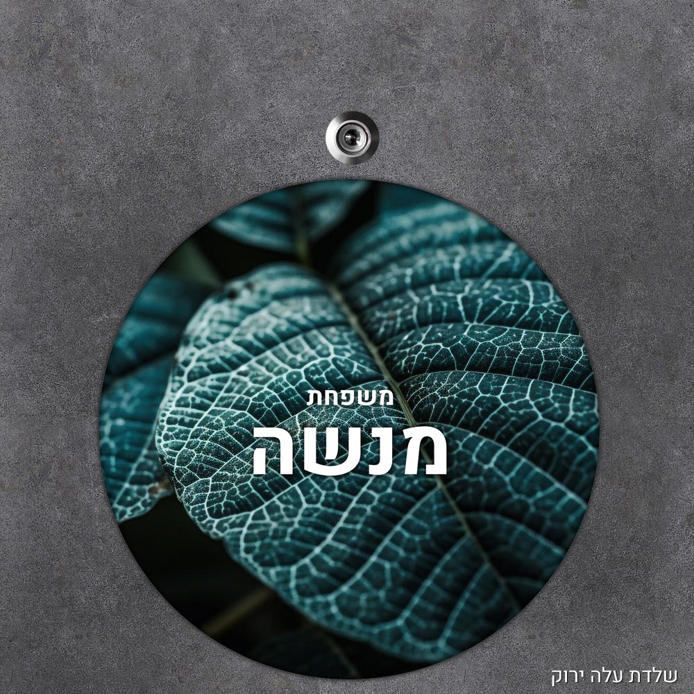 שלט עץ עגול מעוצב לדלת הבית בכיתוב אישי - דגם שלדת עלה ירוק - Baby Coupon