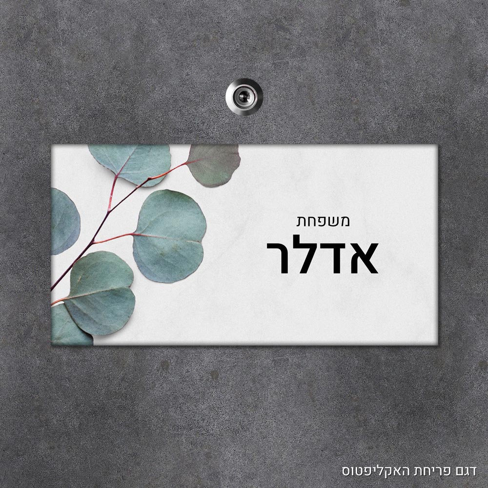 שלט עץ מלבני מעוצב לדלת הבית בכיתוב אישי - דגם פריחת האקליפטוס - Baby Coupon