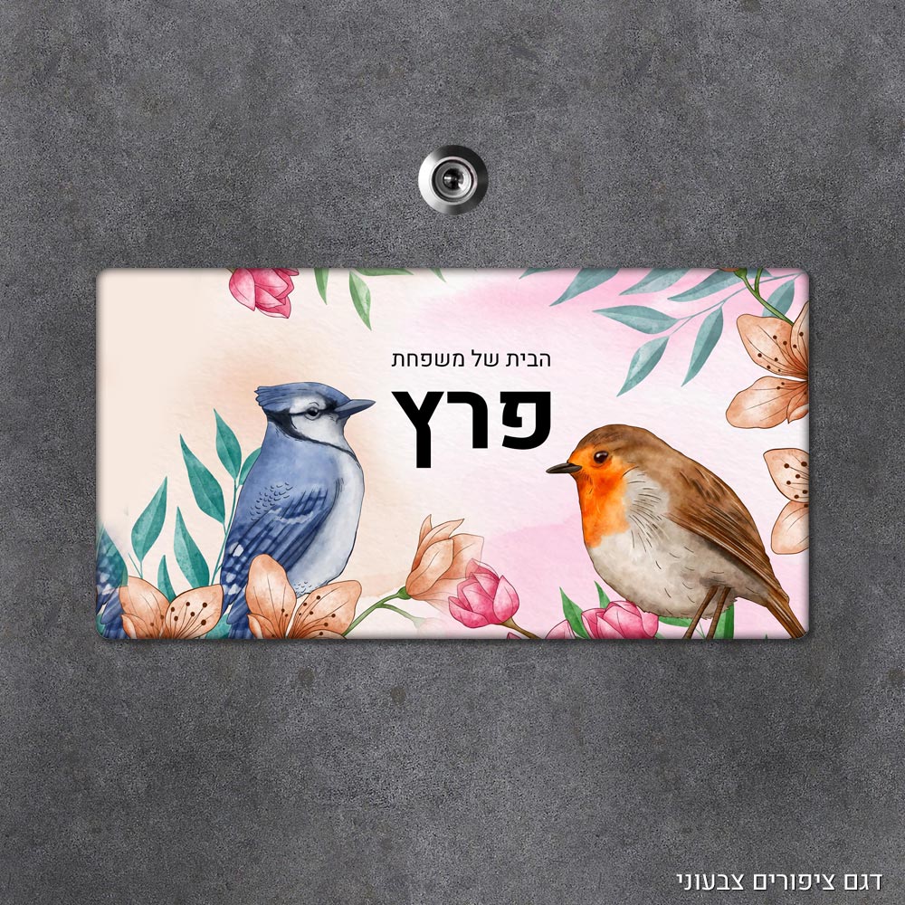 שלט עץ מלבני מעוצב לדלת הבית בכיתוב אישי - דגם ציפורים צבעוני - Baby Coupon