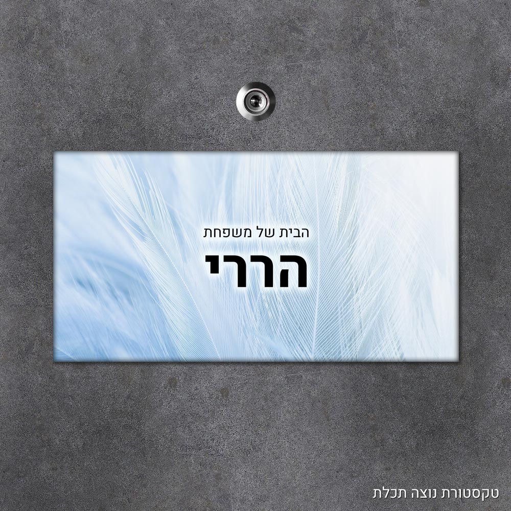 שלט עץ מלבני מעוצב לדלת הבית בכיתוב אישי - דגם טקסטורת נוצה תכלת - Baby Coupon
