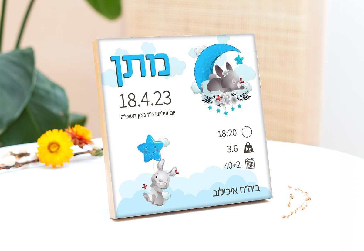 תעודת לידה על בלוק מעץ - Baby Coupon